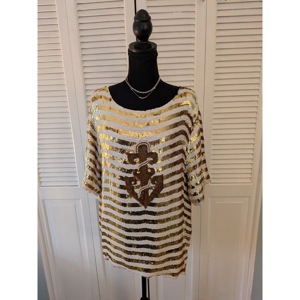 Gold and White Sequin Striped Women's Blouse with Anchor Motif